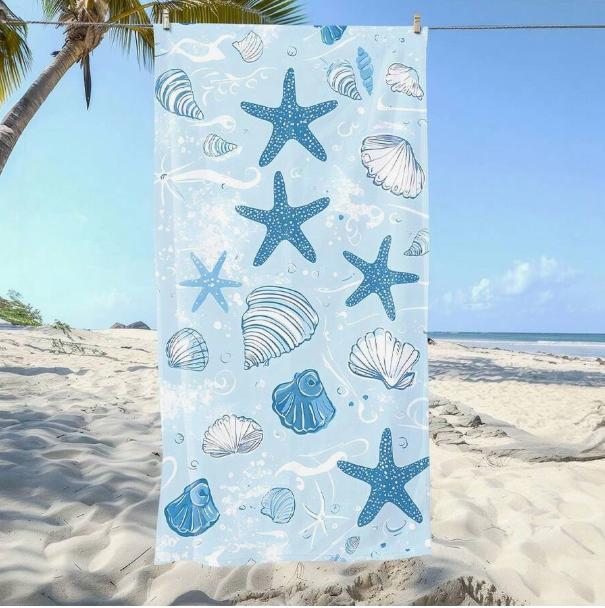1 Pc Marine Life Shells and Starfish Vintage Hand-Drawn Style Beach Towels for Swimming Pool Sand Free Fast Drying Beach Towel