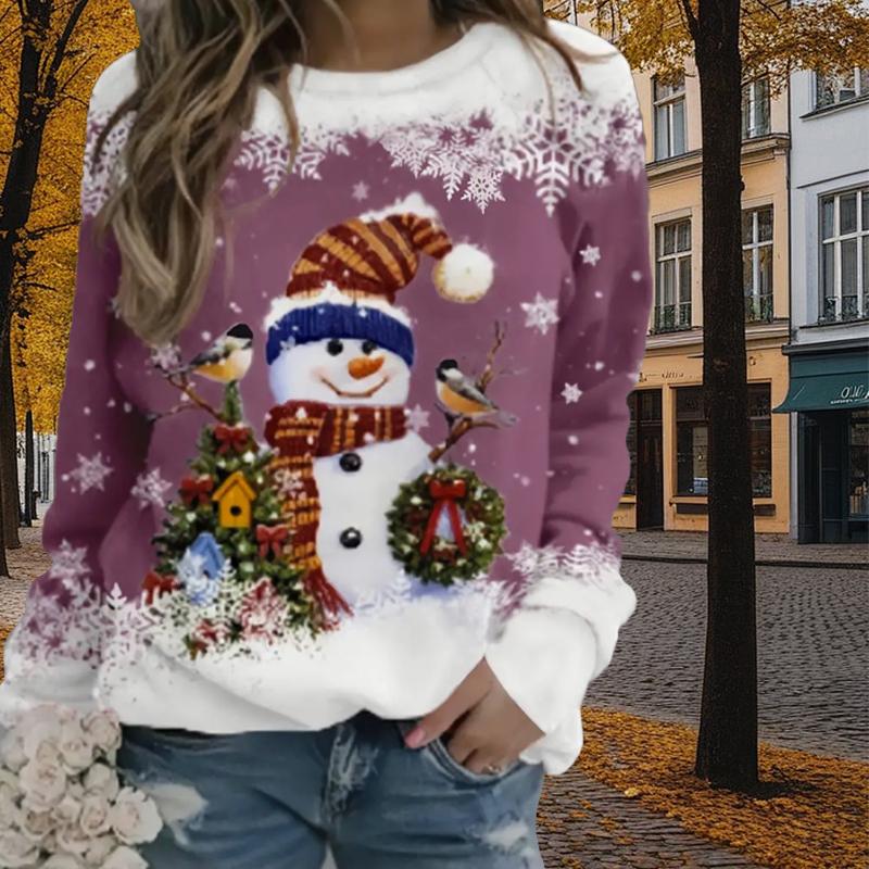 Autumn&Spring Clothing Christmas Snowman House Print Sweater Tops for Women Round Neck Long Sleeve