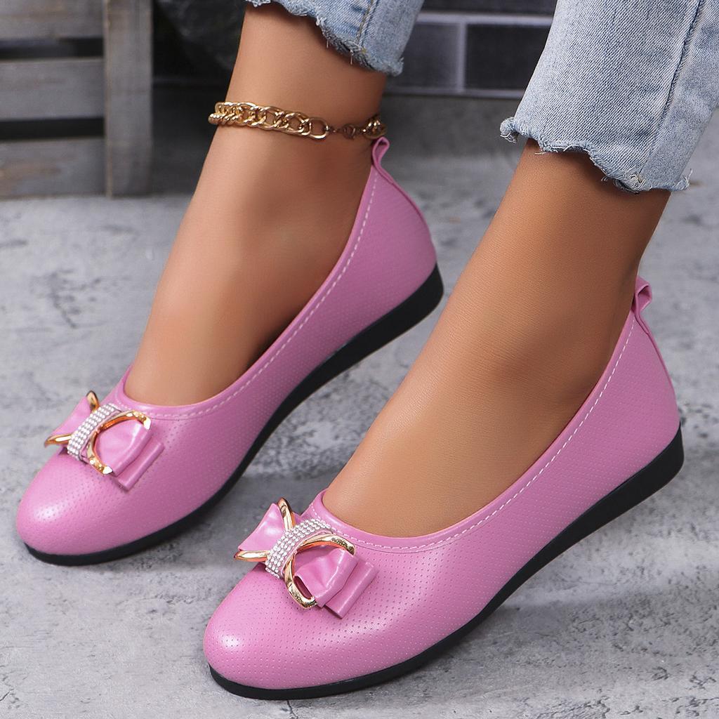 Fashion New Large-sized Flat Single Women's Shoes with Bow Wedge Heels and Low Heels, Round-toed Women's Work Shoes and Leather Shoes