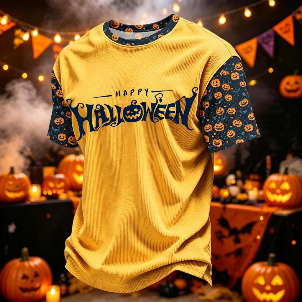 Herren Casual Corduroy Kurzarm Leicht Atmungsaktiv Rundhalsausschnitt Oberteil Halloween-Thema Aufdruck Buchstaben Design Bequeme Passform