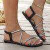 Rhinestone flat sandals women's summer new large size casual elastic band women's beach sandals