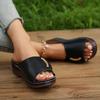 New European and American large-size casual round head composite buckle PU leather one-character wedge slippers women