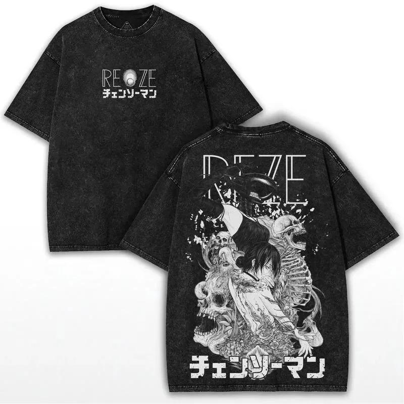 Chainsaw Man Reze (Bomben Teufel) Vintage gewaschenes Anime T-Shirt, Unisex Manga Fan Streetwear Tee, 100% Baumwolle Lässiges Kurzarm Oberteil