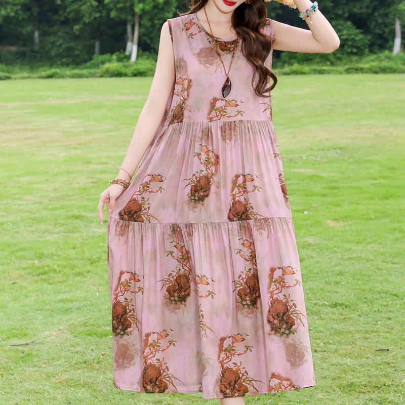 Elegant Sleeveless Dress for Women Plus Size Loose Vintage Print Long Dress Summer Middle-aged Women's Clothing