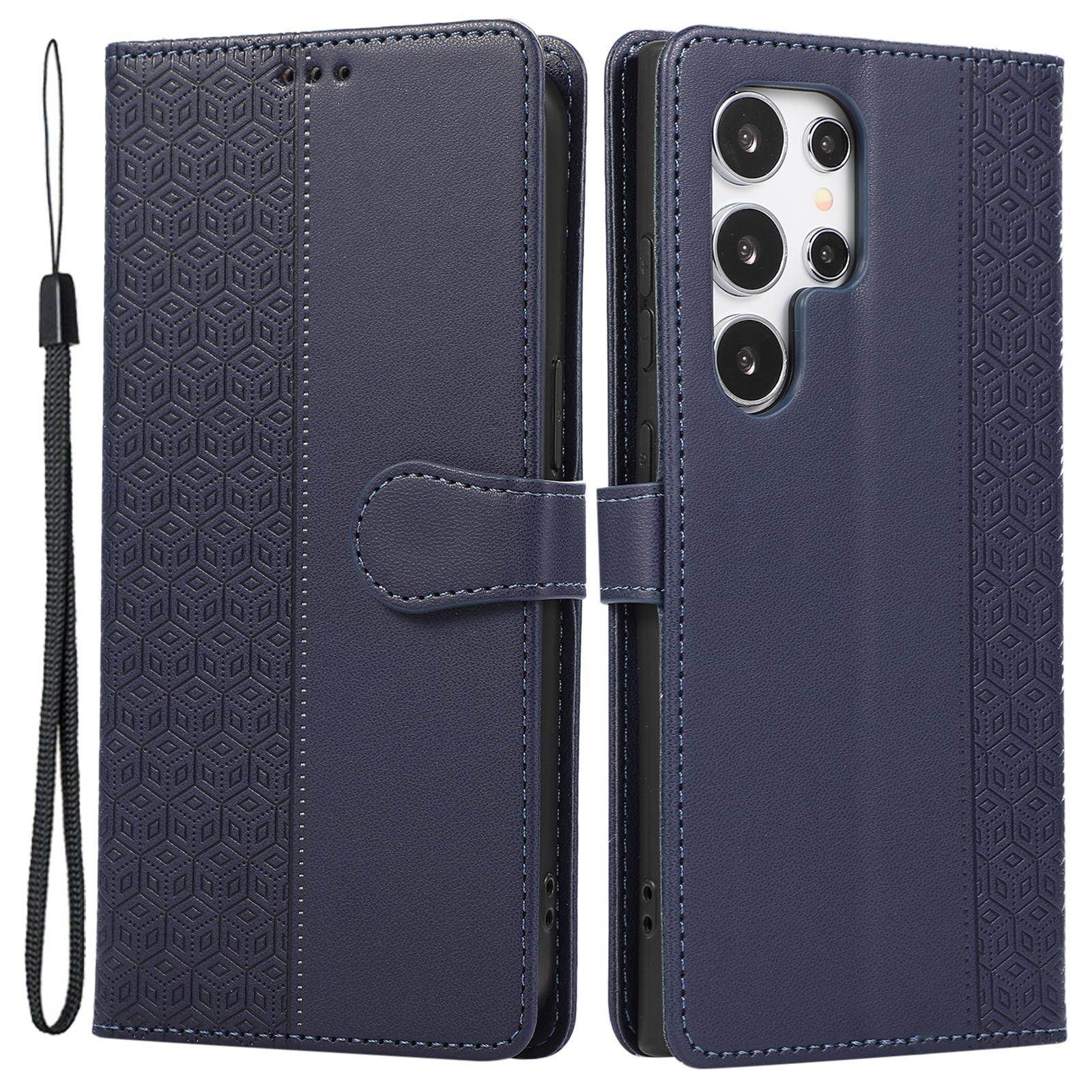 

For Samsung Galaxy S25 Ultra Case Splicing Imprinted Rhombus Leather Phone Cover with Wrist Strap Blue