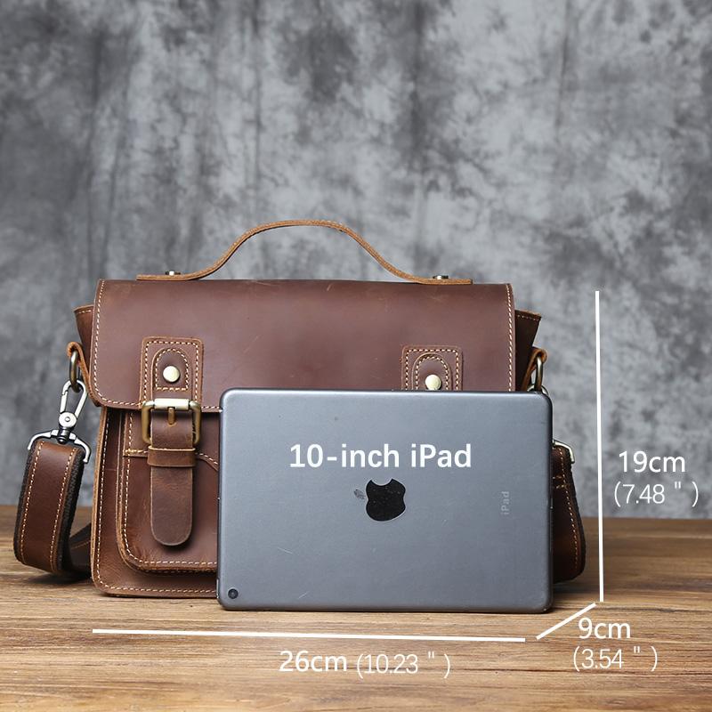 NZPJ Retro Leather Men's Mailman Bag Crazy Horse Men's Bag Top Layer Cowhide Shoulder Bag Casual Handbag For 10-Inch IPad