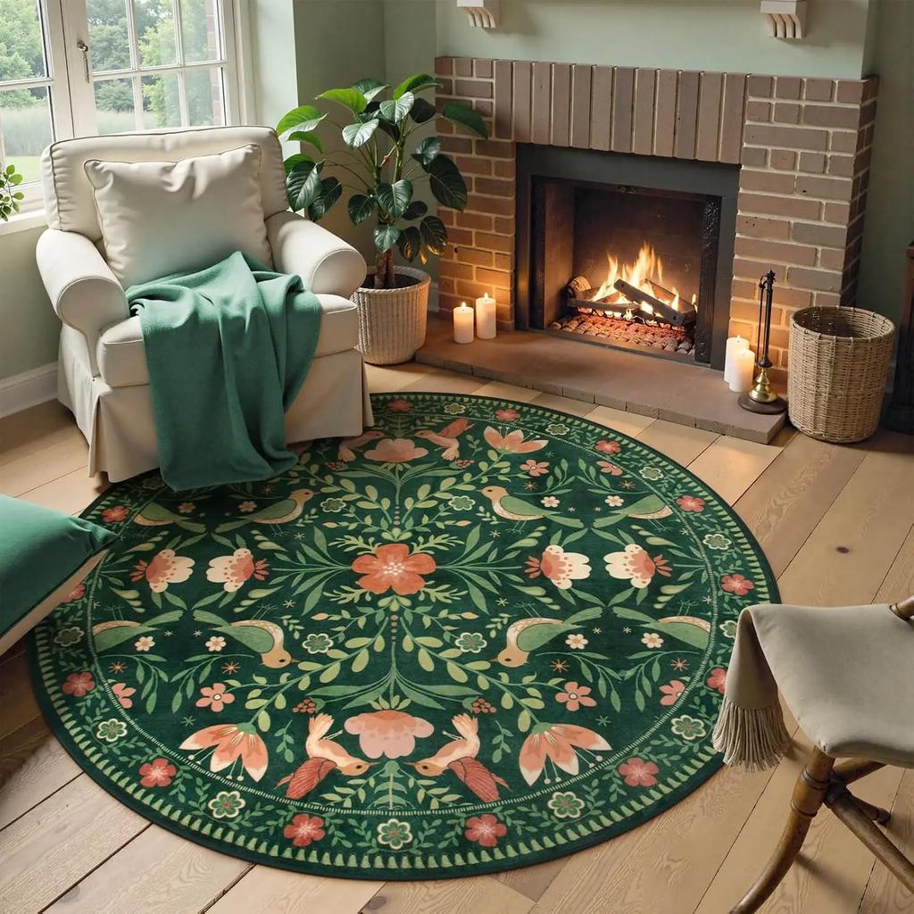 Boho Chic Blommor och Fåglar Rund Matta för Vardagsrum Sovrum Mjuka Områdesmattor Kök Matsal Soffbord Halkfri Golvmatta