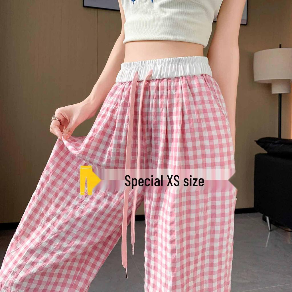 Korean Sweet Pink Check Wide-Leg High-Waist Women's Summer Pants