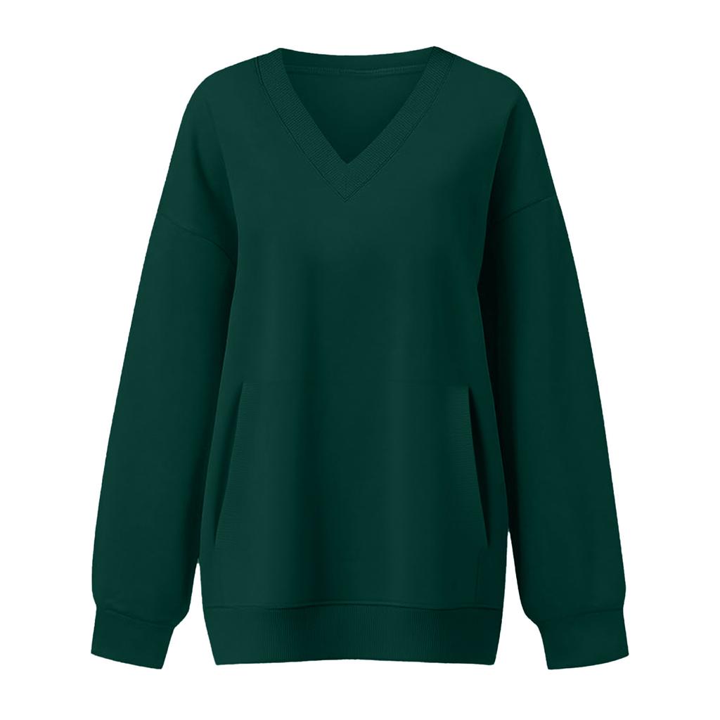 Women’s V Neck Long Pullover Sweatshirt with Pocket Loose Fit Casual Long Sleeve Top for Autumn and Winter