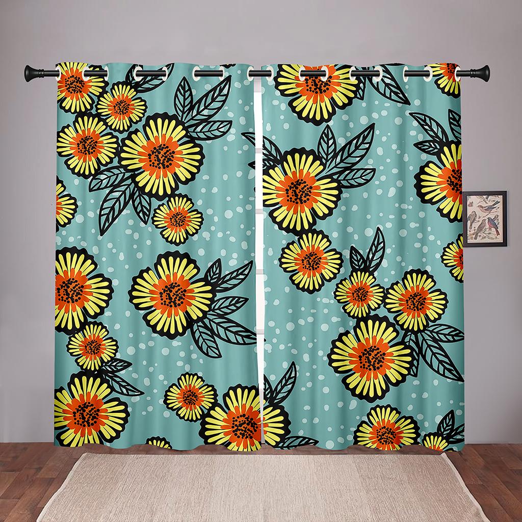 Sunflowers Plant Colorful Blackout Window Curtains for Kids Childrens' Living Room Bedroom Bathroom Kicthen Door 2Pieces Hooks