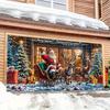 2D door curtain banner, Christmas garage door banner - Santa Claus and reindeer sleigh scene, gifts and garlands, polyester