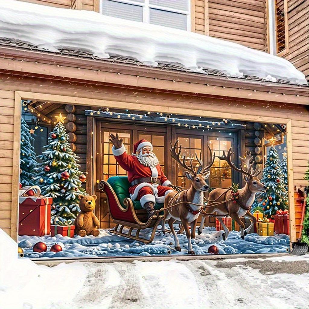 2D door curtain banner, Christmas garage door banner - Santa Claus and reindeer sleigh scene, gifts and garlands, polyester