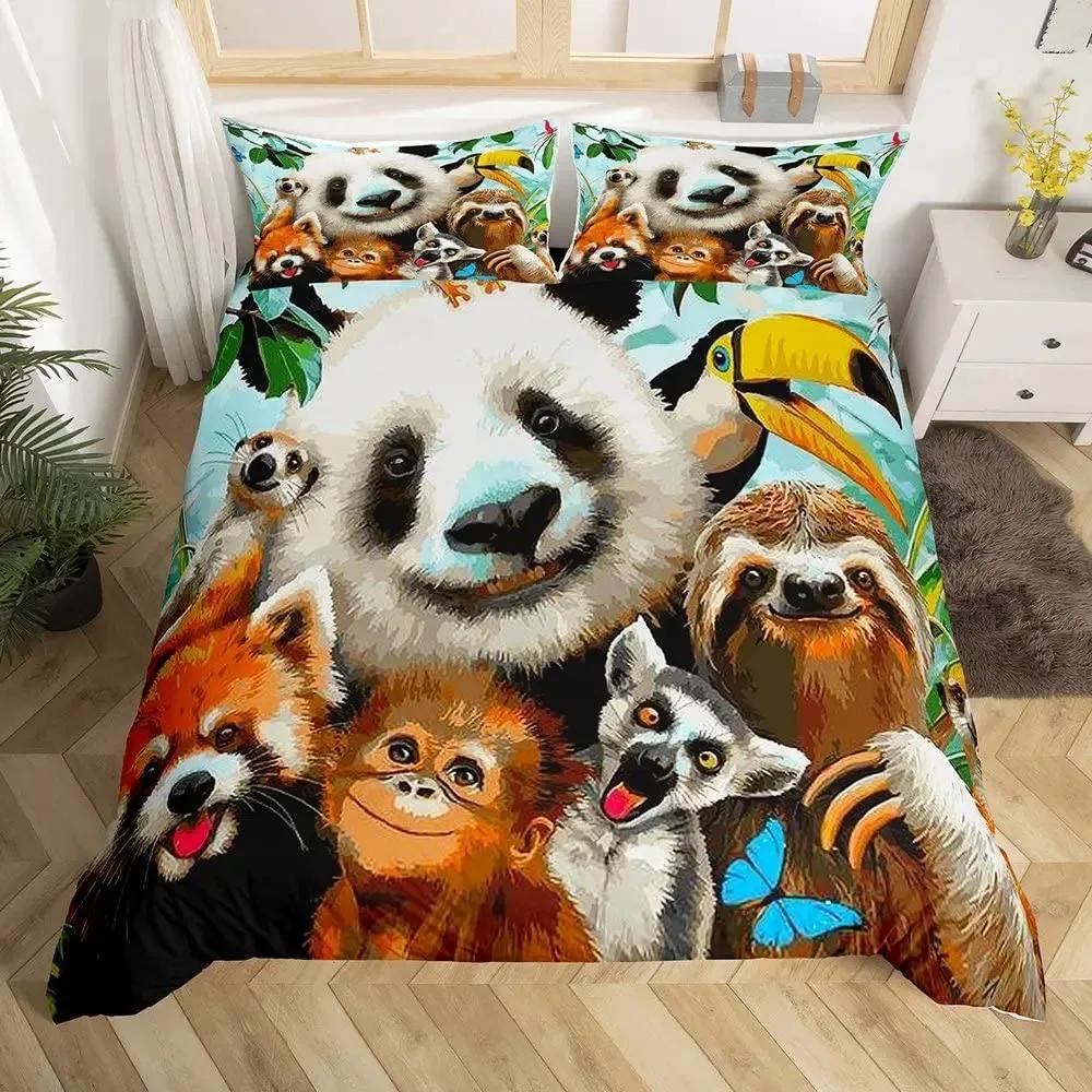 Cartoon Safari Animal Duvet Cover Set Giraffe Lemur Rhino Lion Bedding Set Elephant Camel Snake Hippo Zoo Jungle Comforter Cover
