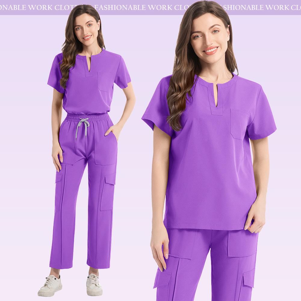 Uniforme Médical Blouse Pantalon Femmes Ensemble de Blouse Médicale à Poches + Pantalon Costume 2 Pièces Vêtements d'Infirmière pour Bloc Opératoire Salon de Beauté Vêtements de Travail