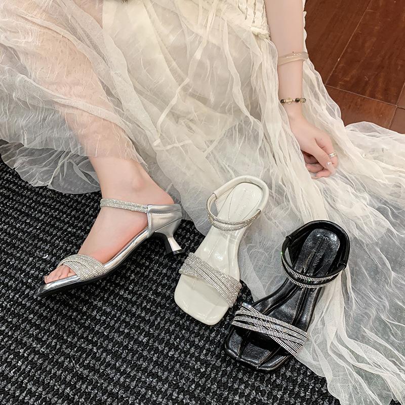 High heels, new one-word sandals in the summer of 2025, temperament rhinestone square head open-toed women's shoes are popular in summer