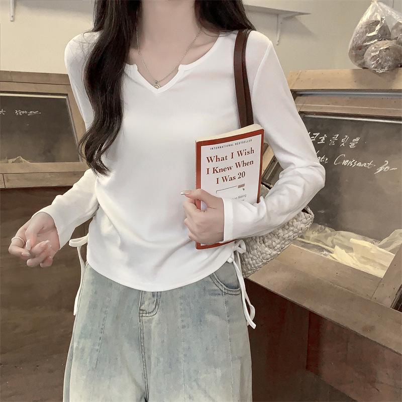 Women's Slim Fit V-Neck Drawstring Long-Sleeve Autumn Top