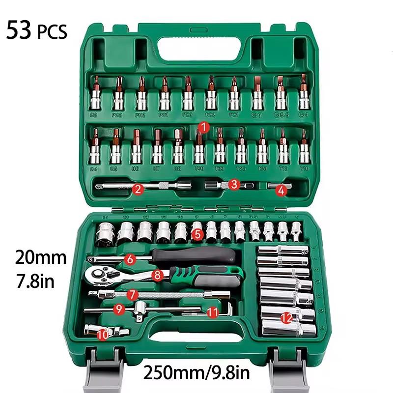 46/53 pcs Drive Socket Ratchet Wrench Set Reversible Ratchet with S2 and CR-V Sockets Household Automotive Repair Ki