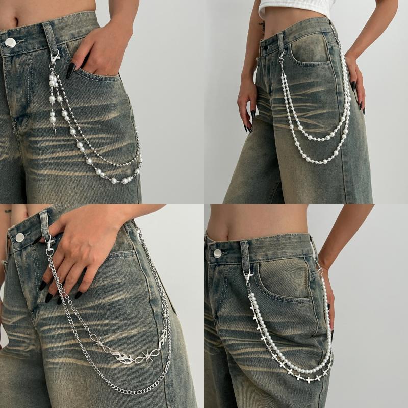 Hip Hop Multilayer Imitation Pearl Cross Charm Jeans Pants Chain Personalized Waist Chain Fashion Wallet Chain Belt Decor