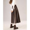 Demana Vintage Brown Faux Leather A-Line Pleated Midi Skirt