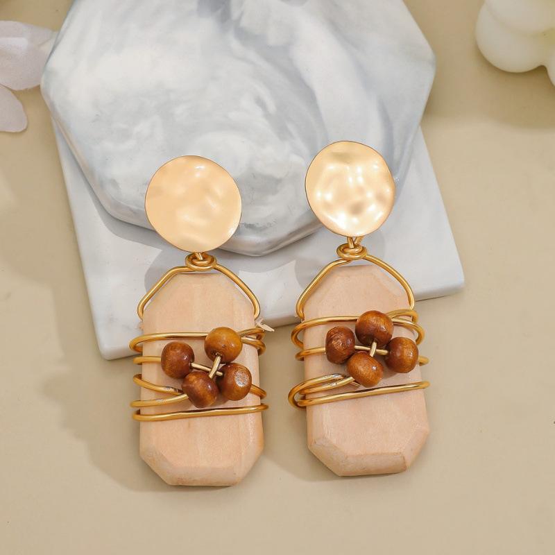 Vintage Maillard Bead Earrings Bohemian Imitation Wood Hand-wound Earrings