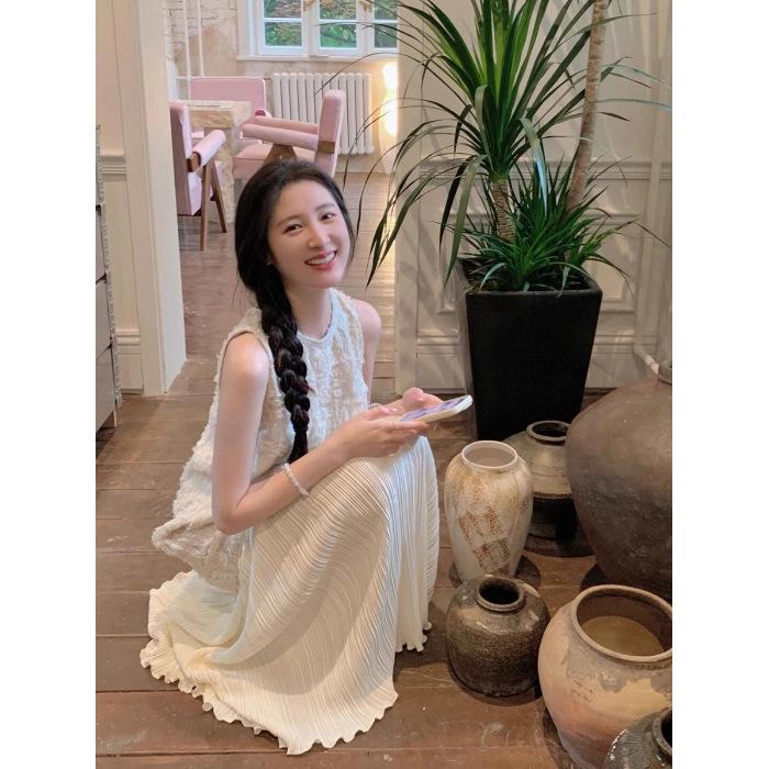 Women s Sleeveless White Jacquard Pleated Dress – Elegant Long Skirt for Summer 2026 2XL абрикосовый