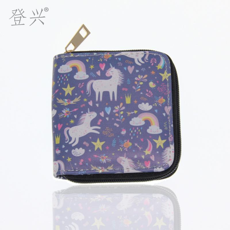 New unicorn cartoon PU short small wallet, printed children's bag card bag