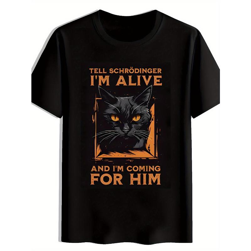 

European sizes Quantum Mechanics Meme Print Casual Crew Neck Men s T-Shirt, Schrödinger s Cat Pattern Men s Top 4XL чорний