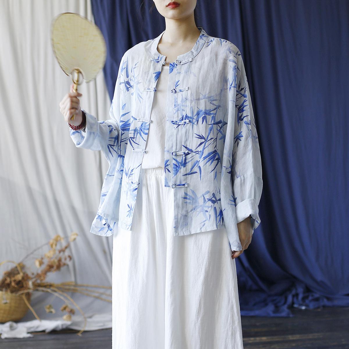 

Johnature Женские рубашки в китайском стиле, топы с цветочным принтом, с длинным рукавом, воротник-стойка, винтажные, осенние, на пуговицах, свободные блузки One Size