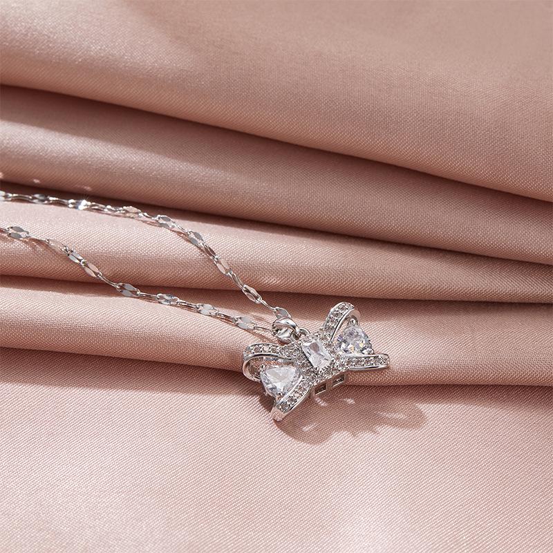 

Higan Flower Bow Necklace Women S Light Luxury Simple Versatile Zircon Pendant Same Neck Chain