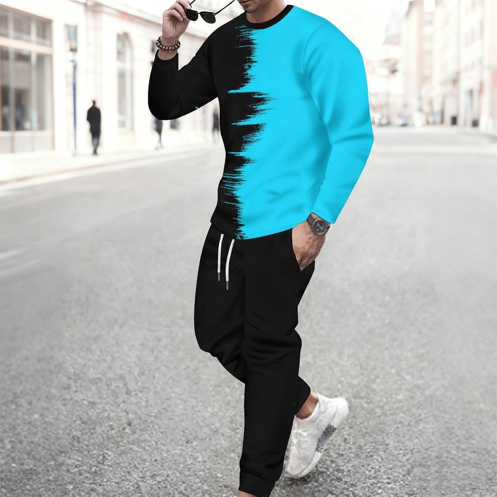 Men Black Cyan Brush Stroke Drip Gradient Print Long Sleeve Sweatshirt Jogger Pants Two Piece Suit