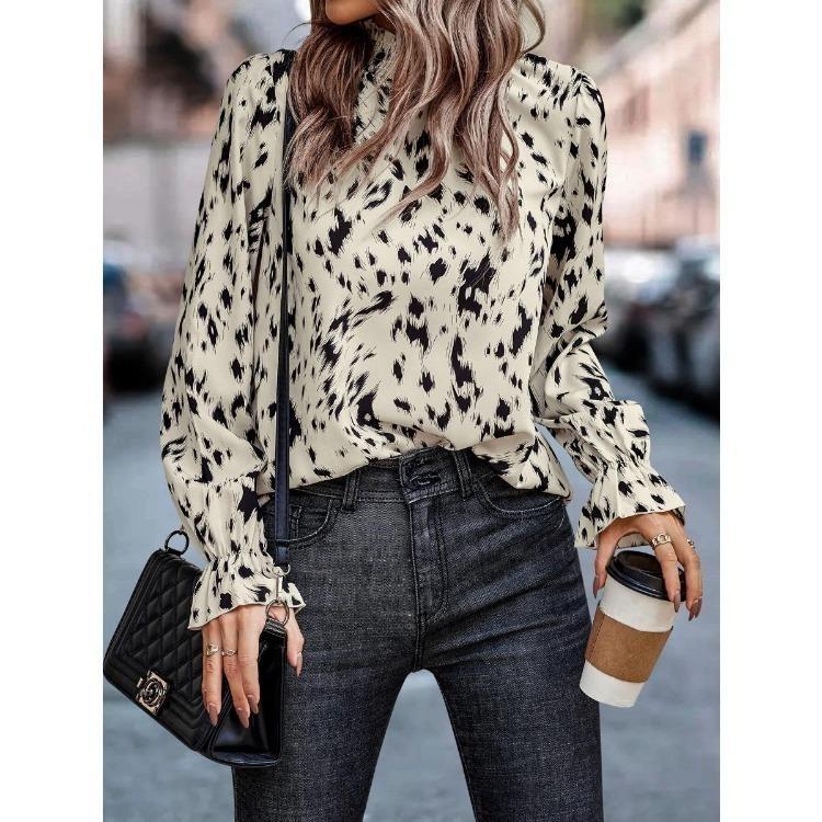 Fashion Trend Womens Blouse European American Style Mock Neck Loose Fit Long Sleeve Autumn Winter S абрикосовый