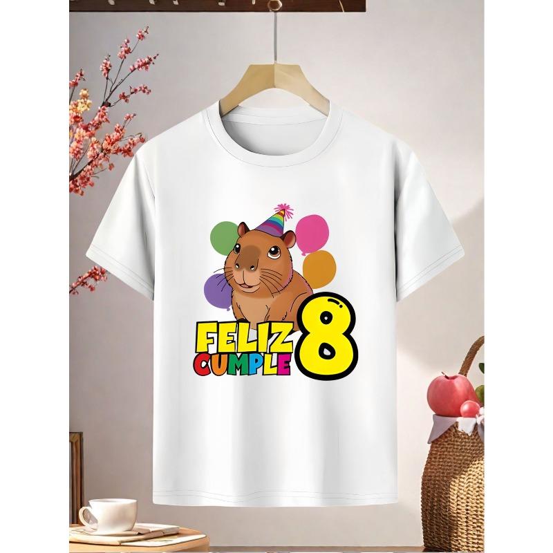 European sizes 8th Birthday Party Theme Cartoon Hamster Print Short Sleeve T-Shirt for Kids, Parent-Child Matching Gift
