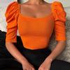Elastic Women Top Fine Workmanship Cotton Blend Half Puff Sleeve Short T-shirt for Daily