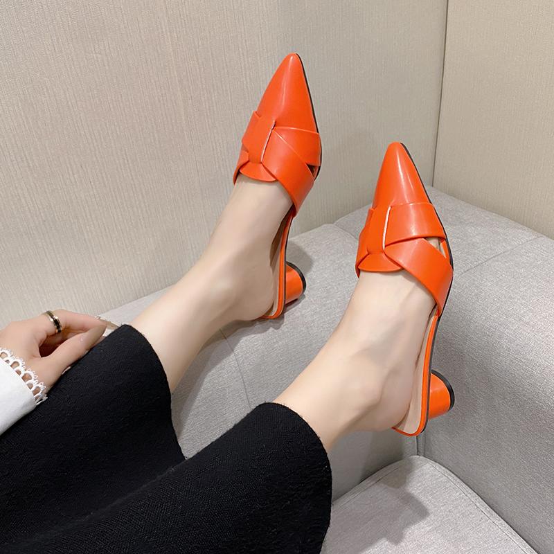 2025 New Women's Summer Pointed Half Slippers Women's Simple Middle Heel Sandal Fashionable Casual Comfortable Women's Shoes