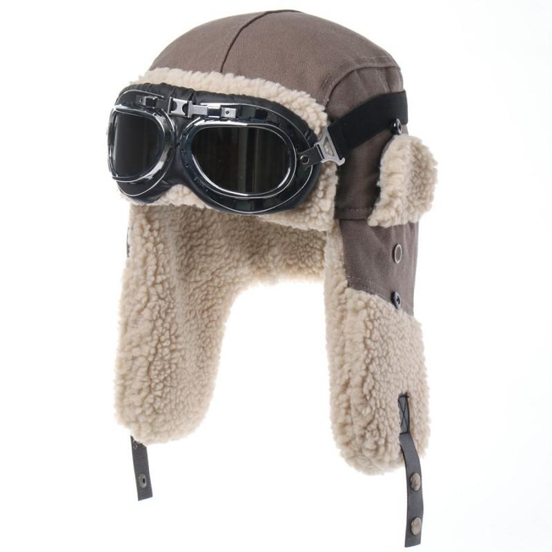Unisex Windproof Winter Hat With Goggles Cover Warm Fleece-Lined Canvas Cap Skiing Hiking Outdoor Activities