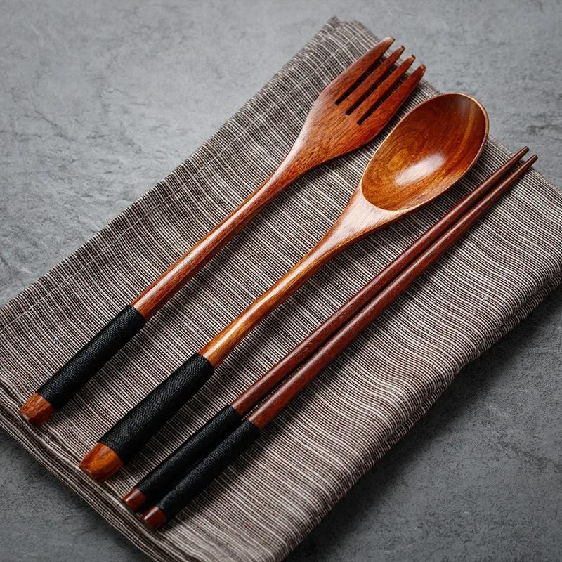 Japanese Style Dinnerware Set Wooden Spoon Fork Cutlery Set Long Handled Dessert Soup Spoon Salad Fork Outdoor Kitchen Tableware