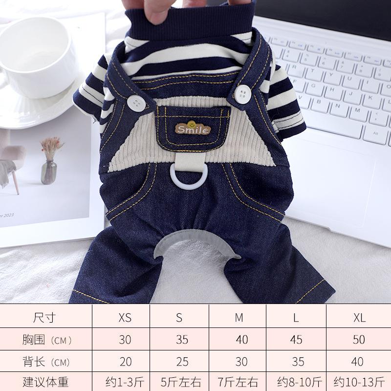 Pet clothes can lead dogs Classic striped denim overalls Autumn and winter models dog costume