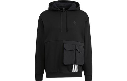 adidas Solid Color Logo Print Drawstring Hoodie Long Sleeve Sweatshirt M чёрный