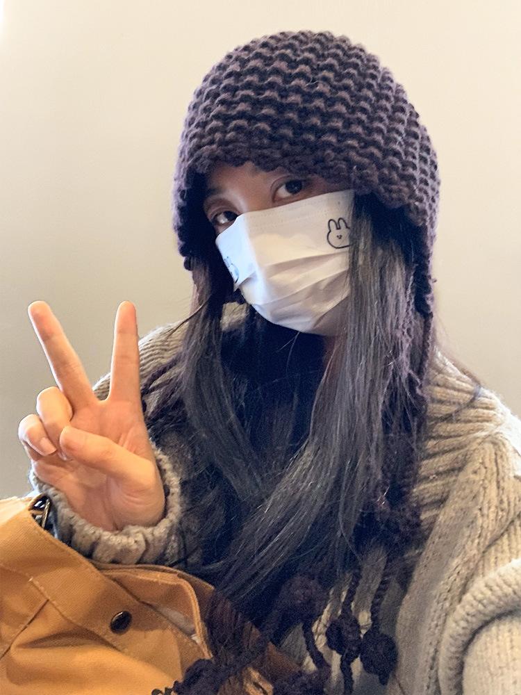 Handmade Fringed Ball Red Knitted Wool Hat Thermal Bald Hat Winter Ear Protector Tied Hat Trendy Hat Children