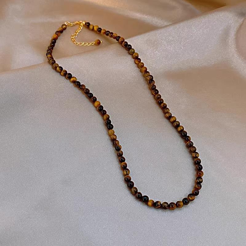 Tiger Eye Stone Beaded Necklace for Women - Light Luxury, Unique, Stackable Clavicle Chain for Autumn and Winter Fashion