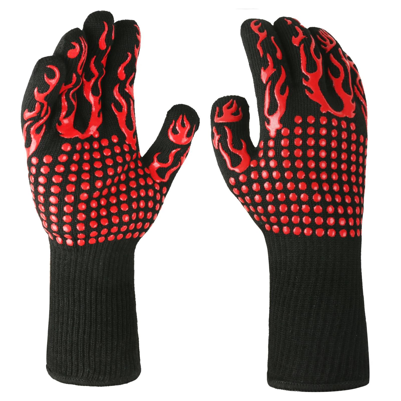 

Heat Resistant BBQ Gloves 800 Degrees Fireproof Non-Slip Oven Mitts for Grilling Baking with Flame Design Textured Grip