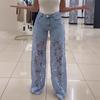 Dames Jeans med blonde-lapper, avslappet baggy rett vidde, denimbukser med middels høy midje, blomstermønster, uthulede jeans