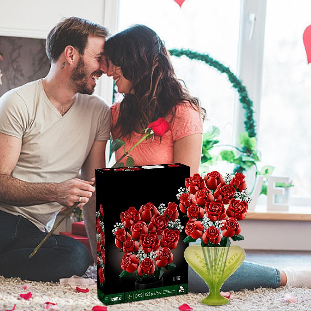 Romantická kytice růží 822 dílků Stavebnice Kreativní domácí dekorace na stůl Sestavitelné kostky Hračky pro dárky Dívky Dáma