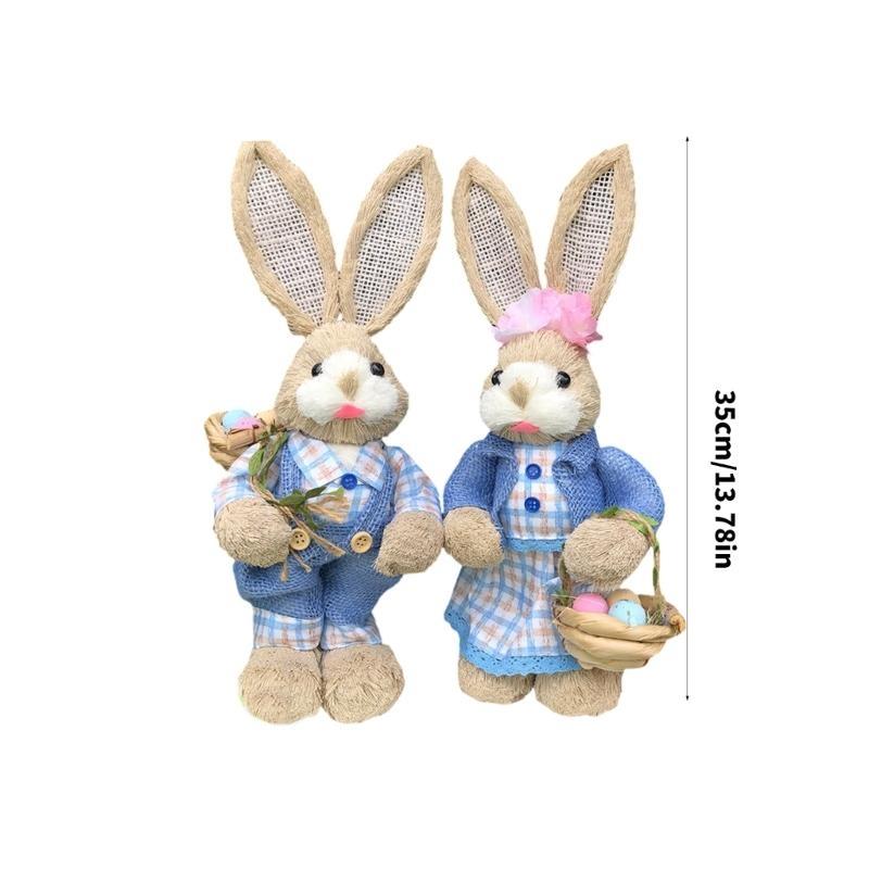 2pcs Easter Straw Rabbit Figurines Farmhouses Decorations Handcraft Straw Rabbit Sculptures For Festival Table Display