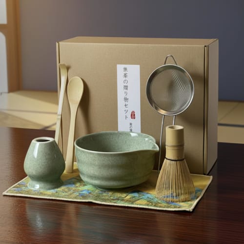 KUMORINO 7-Piece Matcha Set: Katakuchi Matcha Bowl, Hyakuhondachi Chasen (100-Standing Tea Whisk), Chashaku (Chashaku), Tea Strainer, Chasen Holder, C