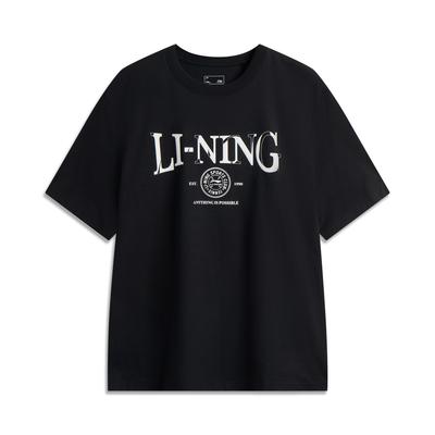 Li Ning Sports Trend Series Letter Round Neck Breathable Versatile Loose Short Sleeve T-Shirt Men Tops Black AHSV483-4