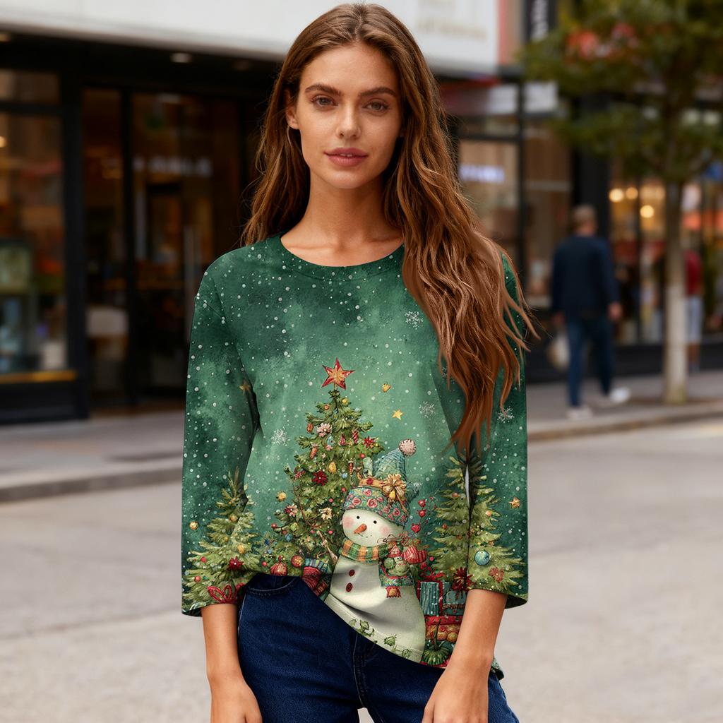 3/4 Sleeve Shirts For Women Print Christmas Tees Blouses Casual Plus Size Basic Tops Pullover