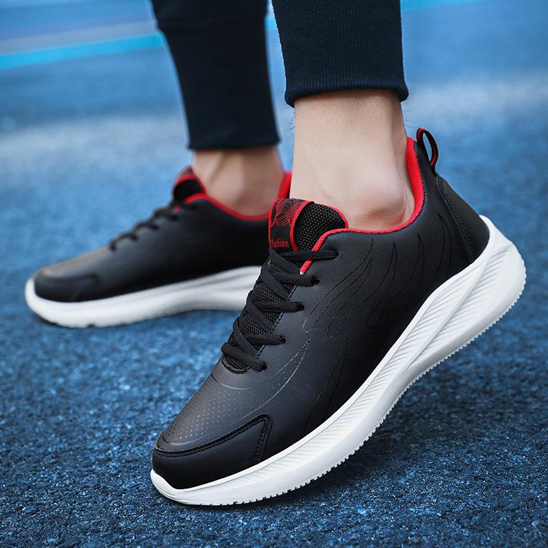 All-black sports men's shoes 2025 autumn and winter new leather waterproof and non-slip running shoes men's soft-soled casual shoes