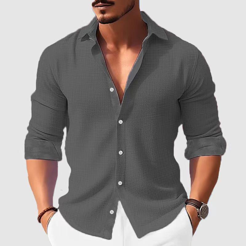 

Весна Осень Однотонные Пляжные Рубашки Мужские С Длинным Рукавом Модные Повседневные Рубашки 3XL темно серый