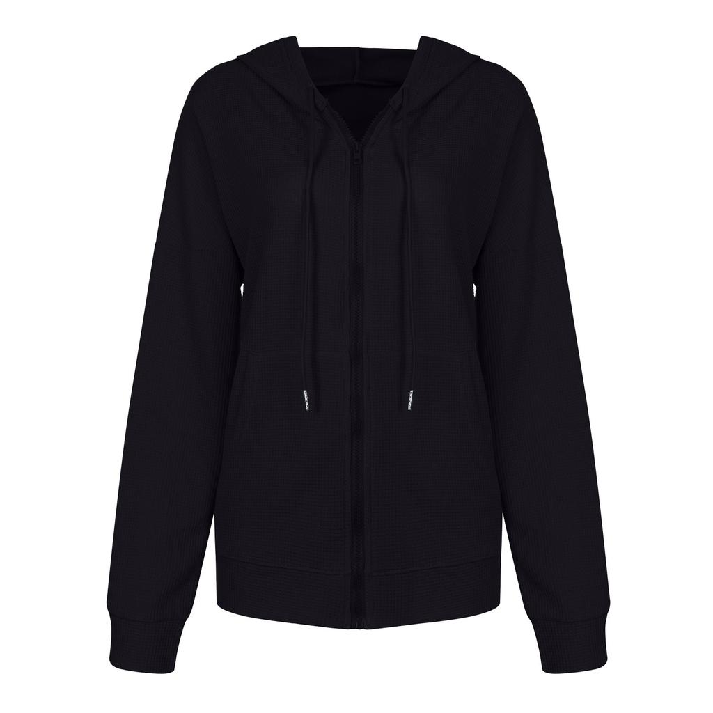Women's Loose Slit Pocket Zip Solid Long Sleeve Hooded Sweatshirt Cardigan